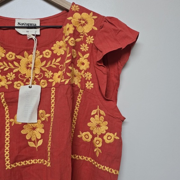 Savanna Jane Floral Embroidered Floral Peasant BOHO Top Size 1X Print Blouse NWT - Picture 2 of 7
